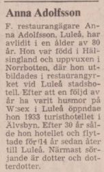Adolfsson Anna Älvsbyn död 27 juli 1974 SVD