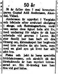 Andersson Gustaf Adil Åkerdal Vidsel 50 år 7 Maj 1958 NK