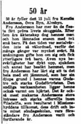 Andersson Kerstin Övrabyn 50 år 15 Juli 1954 NK