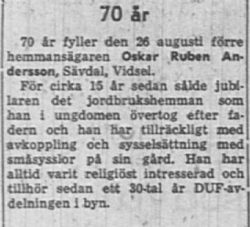 Andersson Oskar Ruben Sävdal Vidsel 70 år 26 Aug 1957 Nk