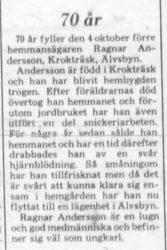 Andersson Ragnar Krokträsk Älvsbyn 70 år 4 okt 1976 PT