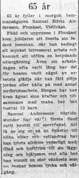 Andersson Samuel Edvin Finnäset 65 år 22 Aug 1957 PT