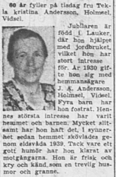 Andersson Tekla Kristina Holmsel Vidsel 60 år 7 Okt 1957 NSD