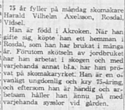 Axelsson Harald Wilhelm Rosdal Vidsel 75 år 28 Mars 1964 NSD
