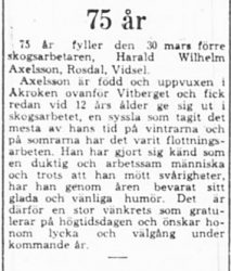 Axelsson Harald Wilhelm Rosdal Vidsel 75 år 28 Mars 1964 PT