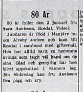 Axelsson Sara Rosdal Vidsel 80 år 31 dec 1953 nk