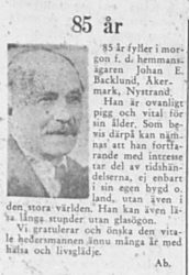 Backlund Johan Erik Åkermark 85 år16 Jan 1957 PT