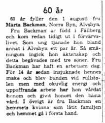 Backman Märta Norrabyn 60 år 31 Juli 1958 NK