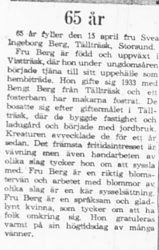 Berg Svea Ingeborg från Vistträsk 65 år 14 April 1965 PT