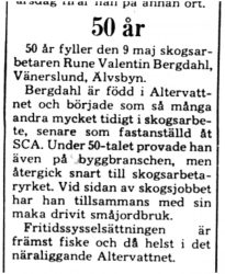 Bergdal Rune Valentin Vänerslund 50 år Älvsbyn 7 Maj 1975 PT