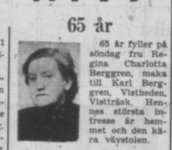 Berggren Regina Charlotta Vistheden 65 år 10 Maj 1957 Pt