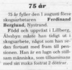 Berglund Ferdinand Nystrand 75 år 1 Aug 1977 NK