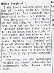 Berglund Hilma död 8 Dec 1952 Nk