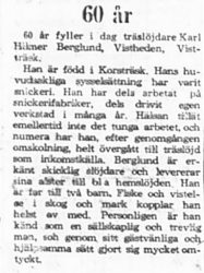 Berglund Karl Hilmer Vistheden Vistträsk 60 år 16 Sept 1965 PT