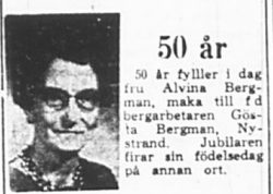 Bergman Alvina Nystrand 50 år 26 Mars 1964 PT