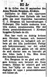 Bergman Anna Teresia Älvsbyn 80 år 25 Sept 1958 NK