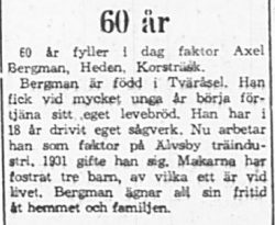 Bergman Axel Korsträsk 60 år 24 Maj 1965 PT