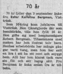 Bergman Ester Karolina Vistträsk 70 år 3 Sept 1957 NK