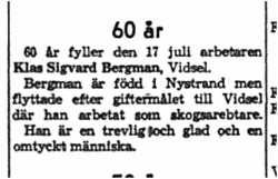 Bergman Klas Sigvard Vidsel 60 år 17   Juli 1959 NK