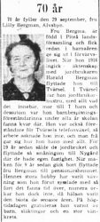 Bergman Lilly Tvärsel Älvsbyn 70 år 28 September 1965 PT