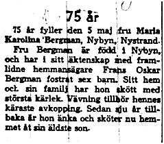 Bergman Maria Karolina Nybyn 75 år 5 Maj 1958 NK
