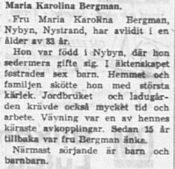 Bergman Maria Karolina Nystrand död 21 Dec 1966 NK