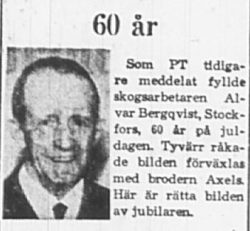 Bergqvist Alvar Stockfors 60 år 29 Dec 1965 PT med rätt bild