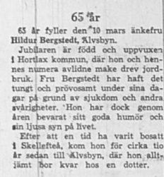 Bergstedt Hildur Älvsbyn 65 år 10 Mars 1964 NK