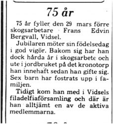Bergvall Frans Edvin Vidsel 75 år 27 Mars 1975 PT