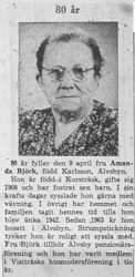 Björk Amanda Älvsbyn 80 år 8 April 1964 NK