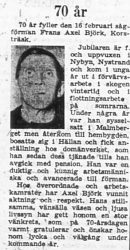 Björk Frans Axel Korsträsk 70 år 15 Feb 1961 PT