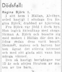 Björk Regina Hällan död 10 okt 1951 Nk
