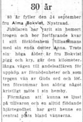 Bokvist Alma Nystrand 80 år 13 Sept 1951 NK