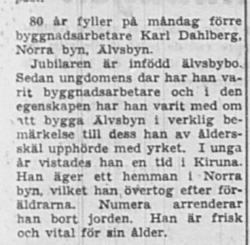 Dahlberg Karl Norra Byn Älvsbyn 80 år 31 Jan 1953 NSD