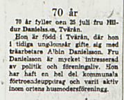 Danielsson Hildur Tvärån 70 år 23 Juli 1966 Nk