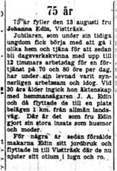 Edin Johanna Vistträsk 75 år 12  Aug 1954 NK