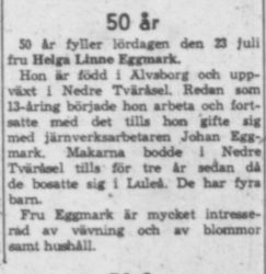 Eggmark Helga Linnea Nedre Tväråsel 50 år 22 juli 1960 NK