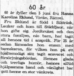 Eklund Hanna Karolina Vistån 60 år 5 Juni 1962 NK