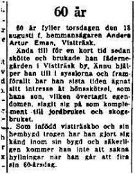 Eman Anders Artur Vistträsk 60 år 17 Aug 1949 NK