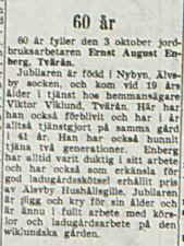 Enberg Ernst August Tvärån 60 år 3 okt 1953 Nk