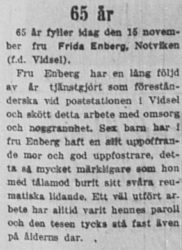 Enberg Frida Vidsel 65 år 13 Nov 1954 NK