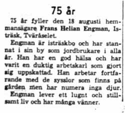 Engman Frans Helian Isträsk Tväråsel 75 år 18  Aug 1958 NK