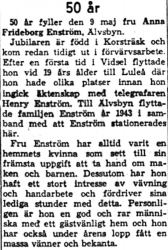 Enström Anna Frideborg Älvsbyn 50 år 8  maj 1959 NK
