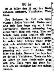 Eriksson Beda Johanna Vistträsk 80 år 22 Maj 1964 NK