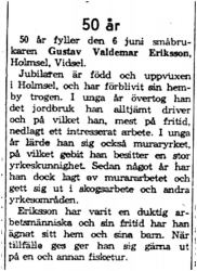 Eriksson Gustav Valdemar Holmsel 50 år 6  Juni 1959 NK