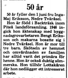 Eriksson Inga-Maj Nedre Tväråsel 50 år 30 Juni 1975 PT