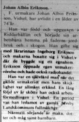 Eriksson Johan Albin Vidsel död 22 Juli 1972 NK