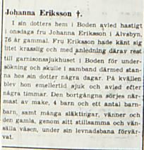 Eriksson Johanna Älvsbyn död 26 okt 1944 PT