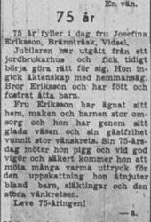 Eriksson Josefina Brännträsk Vidsel 75 år 20 Jan 1953 PT
