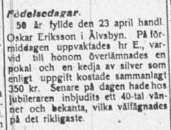 Eriksson Oskar 50 år 1 maj 1919 PT